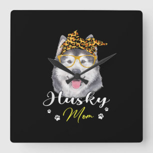 Husky Mom   Leopard Print Dog Lovers Gift Quadratische Wanduhr