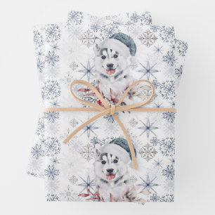 Husky Niedlich Blue Weihnachtsmannmütze Snowflakes Geschenkpapier Set