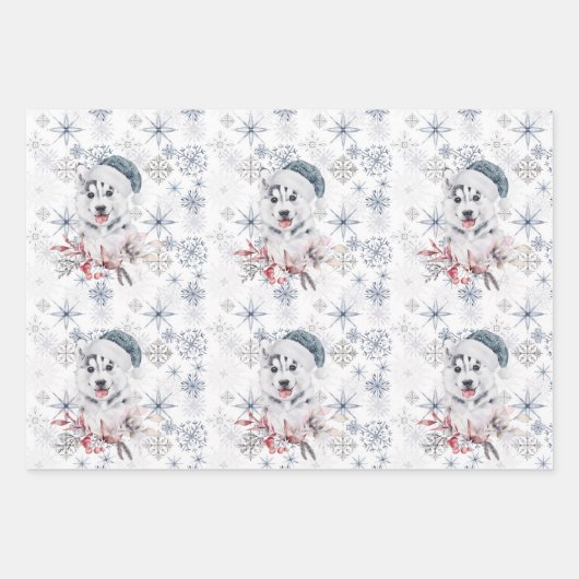 Husky Niedlich Blue Weihnachtsmannmütze Snowflakes Geschenkpapier Set (Vorderseite)