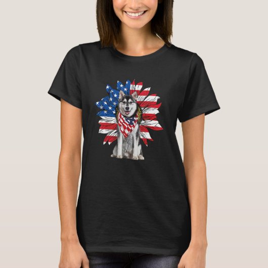 Husky Patriot American Flag Sunflower Independence T-Shirt (Vorderseite)