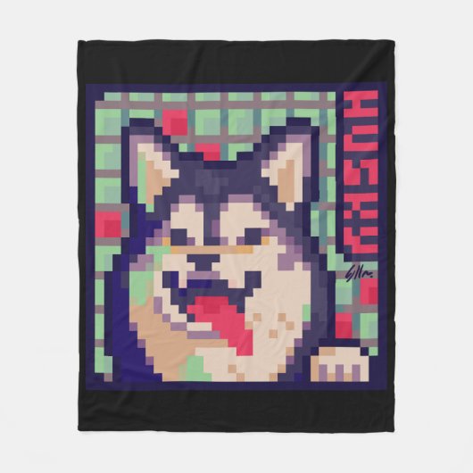 Husky Pixel Art, Pixelart Fleecedecke (Vorderseite)