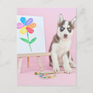Husky Puppy Painting a Rainbow Blume Postkarte