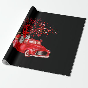 Husky Riding Red Truck Valentine Butterfly Heart Geschenkpapier