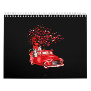 Husky Riding Red Truck  Valentine Butterfly Heart Kalender