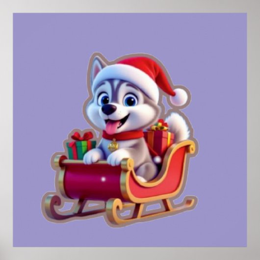 Husky Riding Santa’s Sleigh – Cute 3D Christmas Ca Poster (Vorne)