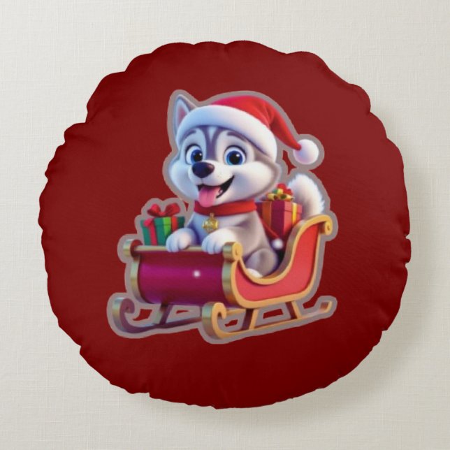 Husky Riding Santa’s Sleigh – Cute 3D Christmas Ca Rundes Kissen (Vorderseite)