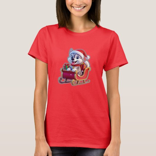 Husky Riding Santa’s Sleigh – Cute 3D Christmas Ca T-Shirt (Vorderseite)