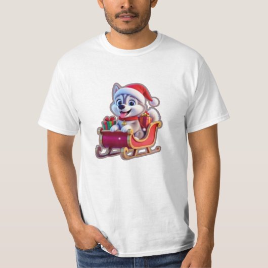 Husky Riding Santa’s Sleigh – Cute 3D Christmas Ca T-Shirt (Vorderseite)