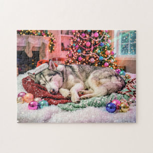 Husky schläft in einer gemütlichen Weihnachtsszene Puzzle