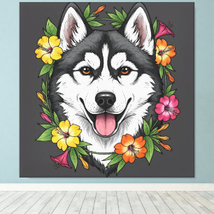 Husky-Schlittenhund und bunte Mirablis-Blumen Leinwanddruck