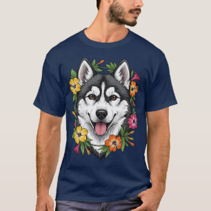 Husky-Schlittenhund und bunte Mirablis-Blumen T-Shirt