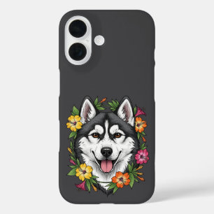Husky-Schlittenhund und farbenfrohe Mirablis-Blume iPhone 16 Hülle