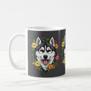 Husky-Schlittenhund und farbenfrohe Mirablis-Blume Kaffeetasse