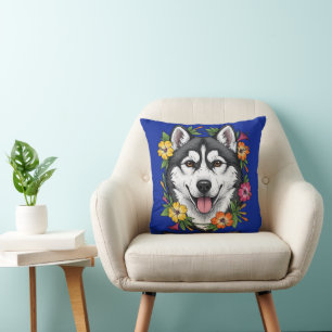 Husky-Schlittenhund und farbenfrohe Mirablis-Blume Kissen