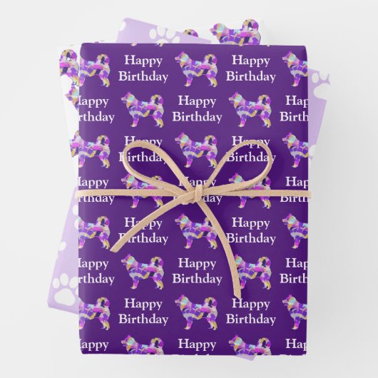 Husky Siberian Hund Silhouette Lila 3 Unterschiedl Geschenkpapier Set (Beispiel)