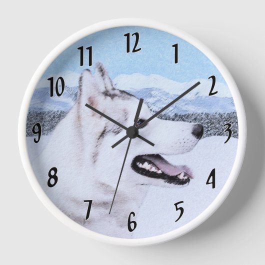 Husky-(Silber und Weiß) Malerei-Hundekunst Wanduhr (Vorderseite)