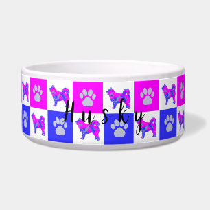 Husky Silhouette Hund & Paw Hot Pink & Blue Pet Bo Napf
