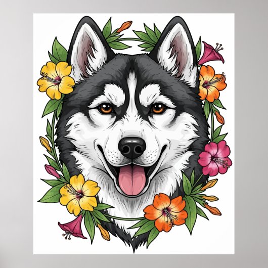 Husky Sled Dog And Colorful Mirablis Flowers Poster (Vorne)