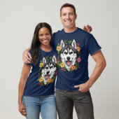 Husky Sled Dog And Colorful Mirablis Flowers T-Shirt (Unisex)