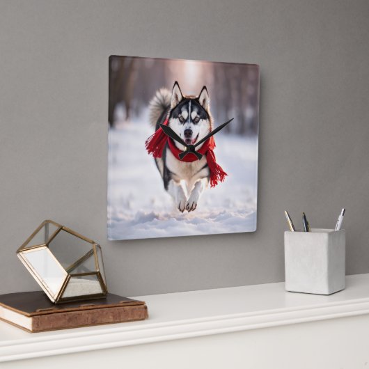 Husky trägt einen roten Winterskarf Quadratische Wanduhr (Büro)