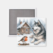 Husky und Rotkehlchen im Schneemagnet, Schneehund Magnet (Vorderseite/Rückseite)