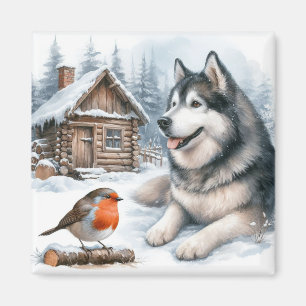 Husky und Rotkehlchen im Schneemagnet, Schneehund Magnet