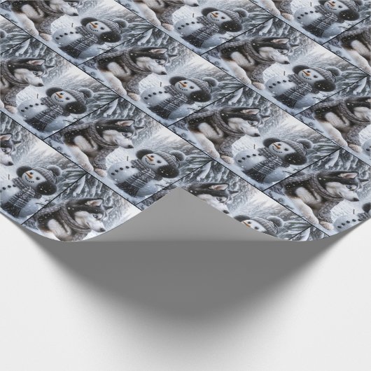 Husky und Schneemann im Winterwald Geschenkpapier (Ecke)