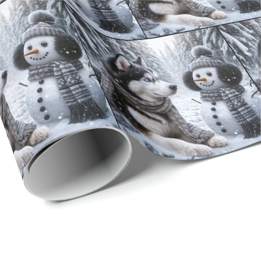 Husky und Schneemann im Winterwald Geschenkpapier (Rolleneckpunkt)