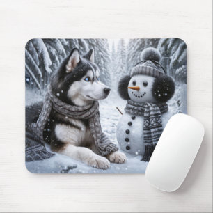 Husky und Schneemann im Winterwald Mousepad