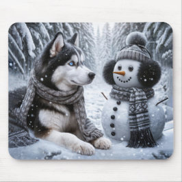 Husky und Schneemann im Winterwald Mousepad