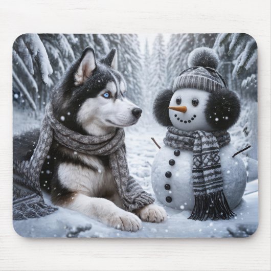 Husky und Schneemann im Winterwald Mousepad (Vorne)