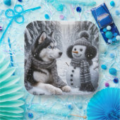 Husky und Schneemann im Winterwald Pappteller (Party)
