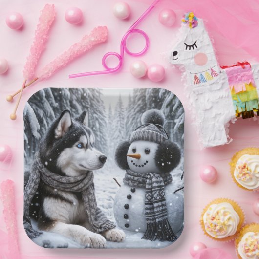 Husky und Schneemann im Winterwald Pappteller (Party)