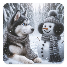 Husky und Schneemann im Winterwald