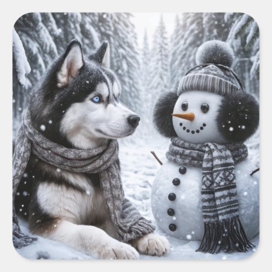 Husky und Schneemann im Winterwald Quadratischer Aufkleber (Vorderseite)