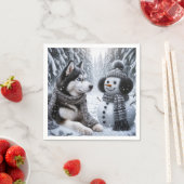 Husky und Schneemann im Winterwald Serviette (Beispiel)