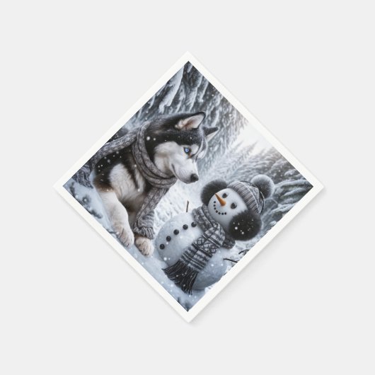 Husky und Schneemann im Winterwald Serviette (Ecke)