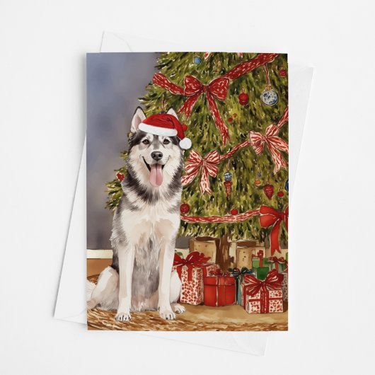 Husky Watercolor unter dem Weihnachtsbaum Karte