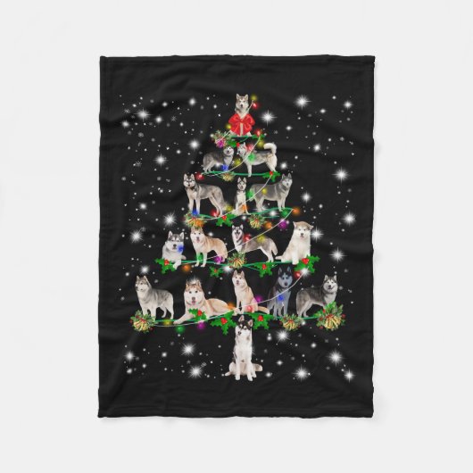 Husky Weihnachtsbaum mit leuchtendem Licht bedeckt Fleecedecke (Vorderseite)