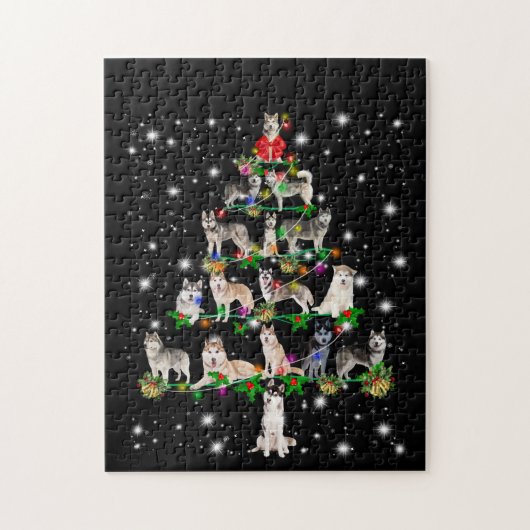 Husky Weihnachtsbaum mit leuchtendem Licht bedeckt Puzzle (Vertikal)