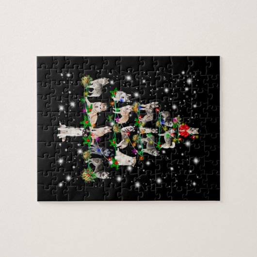 Husky Weihnachtsbaum mit leuchtendem Licht bedeckt Puzzle (Horizontal)