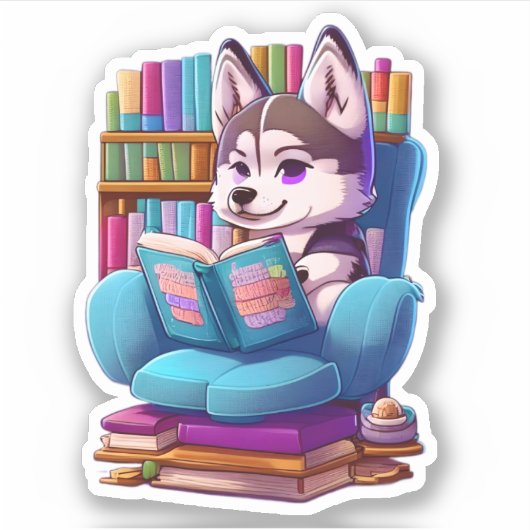 Husky-Welpe, die ein Buch liest Aufkleber (Vorderseite)