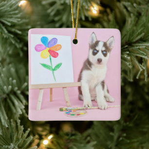 Husky-Welpe-Malerei auf eine Regenbogen-Blume Keramikornament