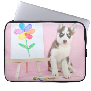 Husky-Welpe-Malerei auf eine Regenbogen-Blume Laptopschutzhülle