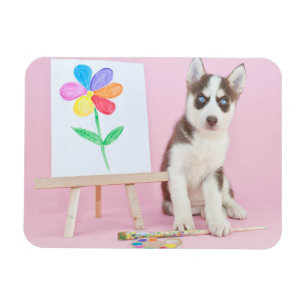 Husky-Welpe-Malerei auf eine Regenbogen-Blume Magnet