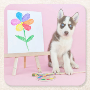 Husky-Welpe-Malerei auf eine Regenbogen-Blume Rechteckiger Pappuntersetzer