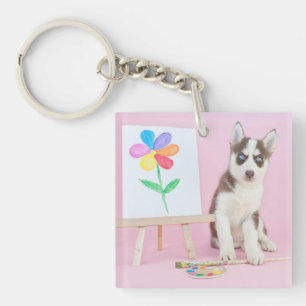 Husky-Welpe-Malerei auf eine Regenbogen-Blume Schlüsselanhänger