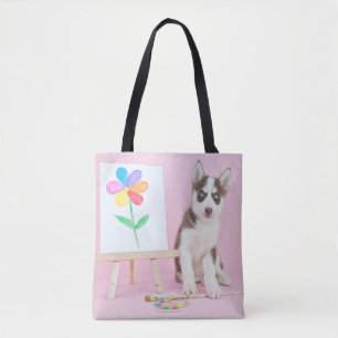Husky-Welpe-Malerei auf eine Regenbogen-Blume Tasche