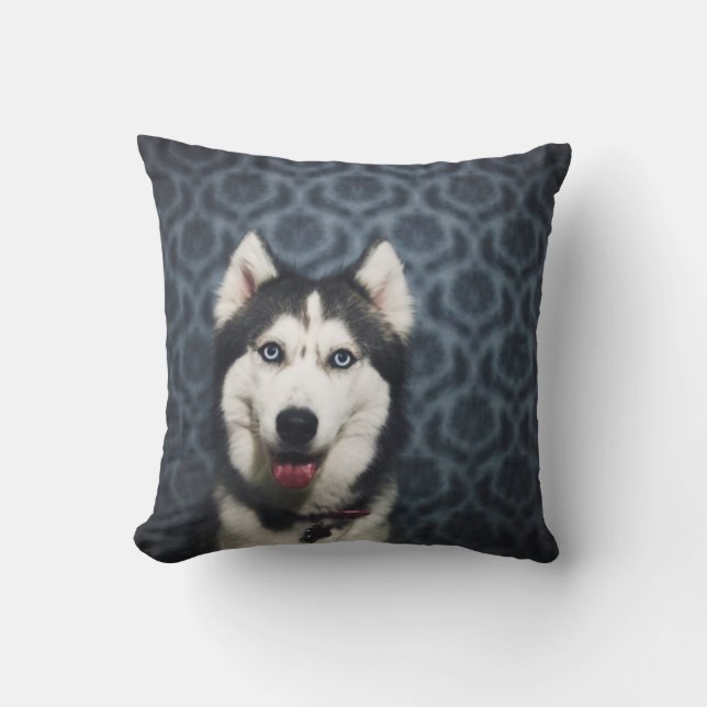Husky Welpe Pop mit dunklem Background Kissen (Vorderseite)
