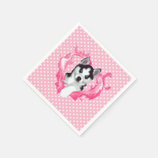 Husky Welpe rosa Herz Punkte Serviette (Ecke)